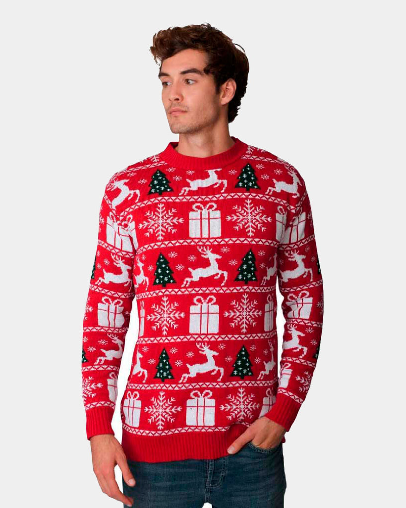 Red Couple's Ugly Christmas Sweater with Reindeers, Trees and Gifts Mens