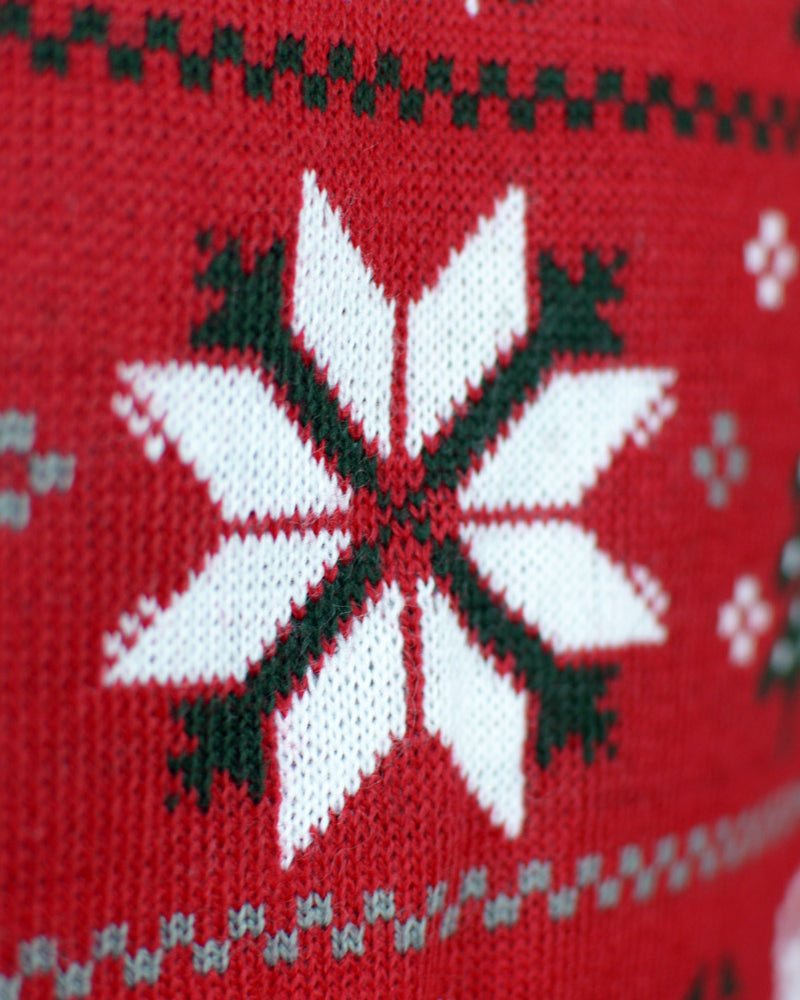 Detail Red Couple's Ugly Christmas Sweater with Reindeers, Trees and Polar Star