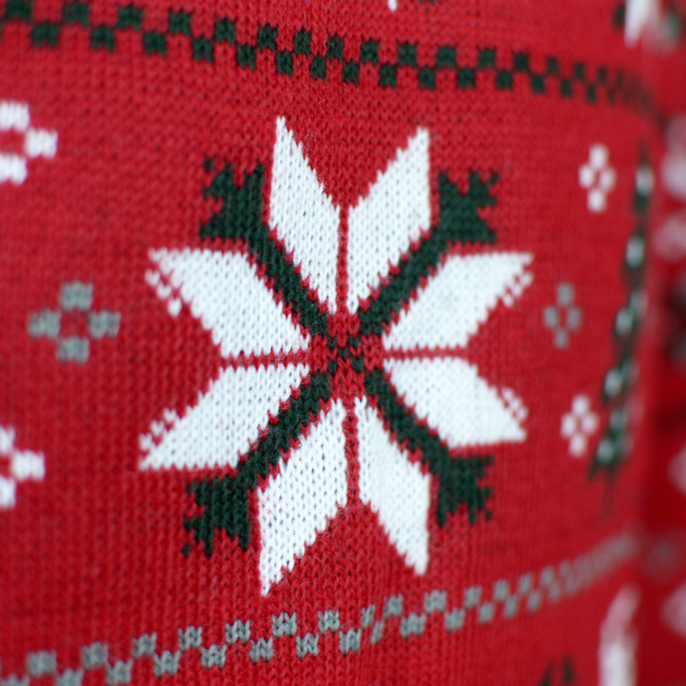 Detail Red Couple's Ugly Christmas Sweater with Reindeers, Trees and Polar Star