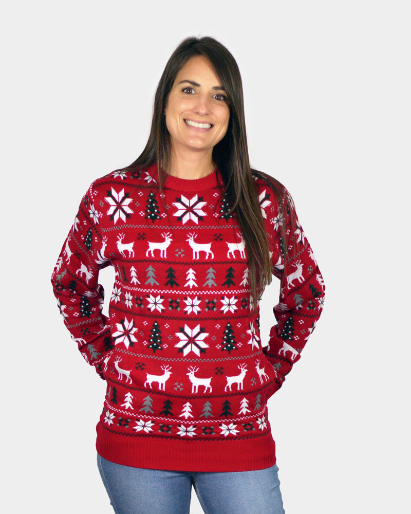 Womens Red Couple's Ugly Christmas Sweater with Reindeers, Trees and Polar Star