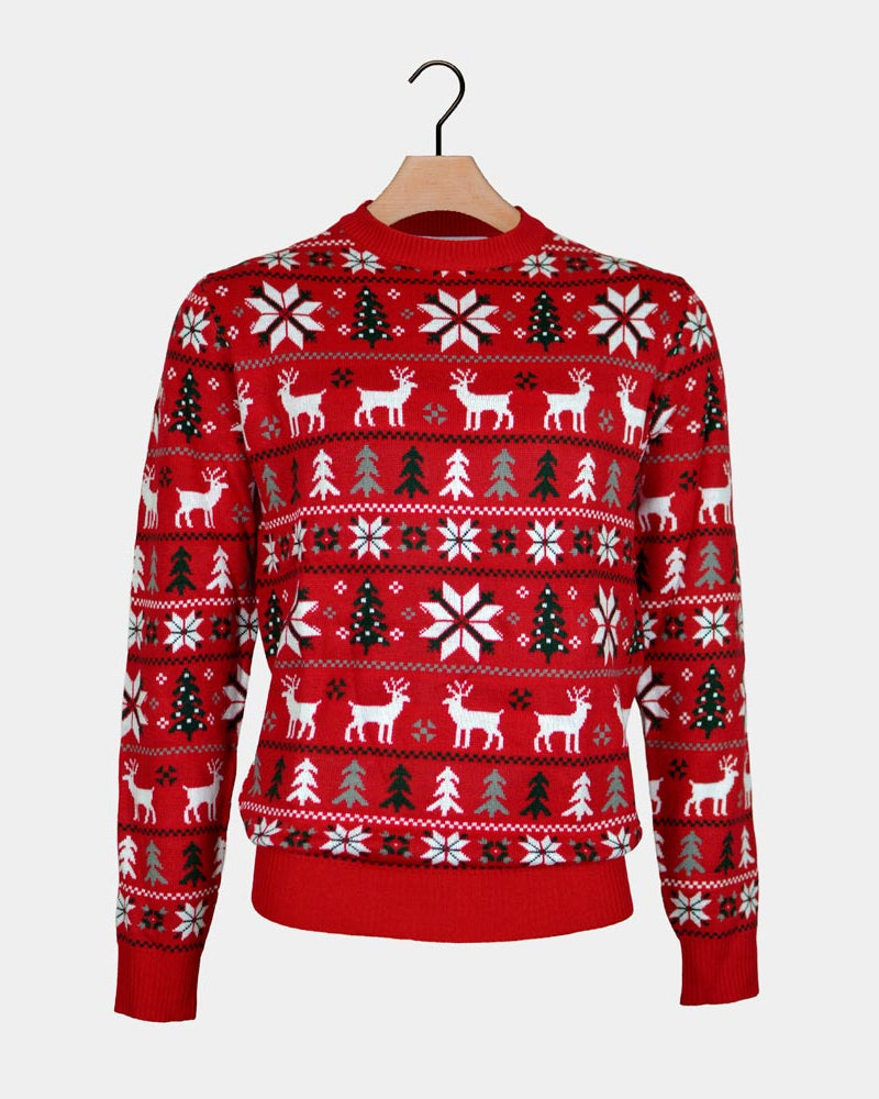 Red Couple's Ugly Christmas Sweater Reindeers, Trees Polar Star