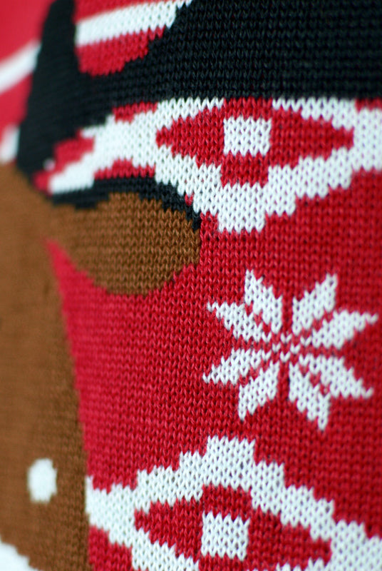 detail Red Couple's Ugly Christmas Sweater with Rudolph the Happy Reindeer