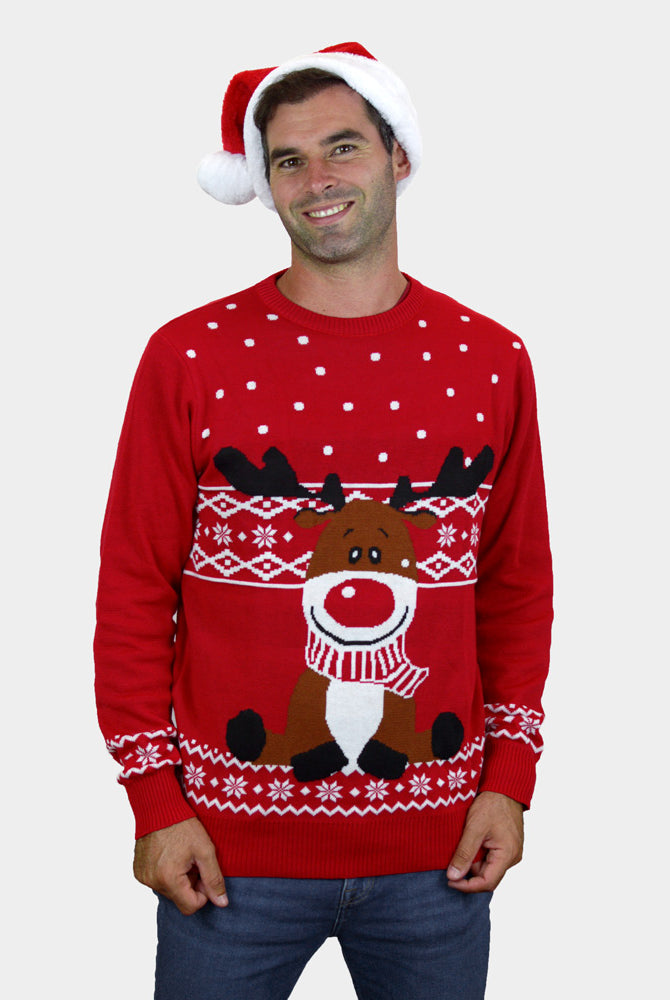 mens Red Couple's Ugly Christmas Sweater with Rudolph the Happy Reindeer