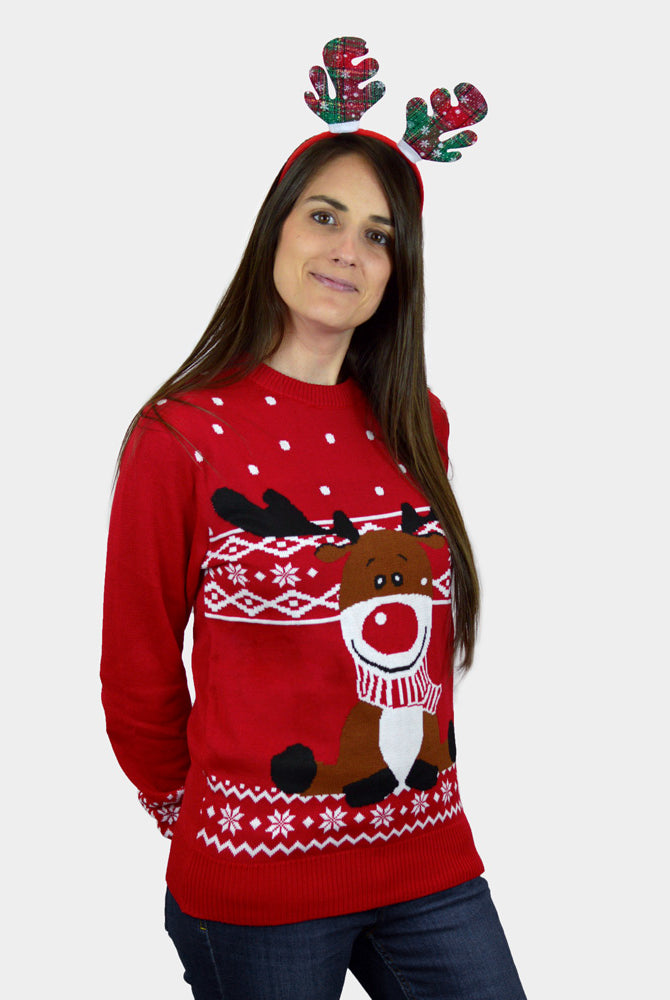 Red Couple's Ugly Christmas Sweater with Rudolph the Happy Reindeer womens