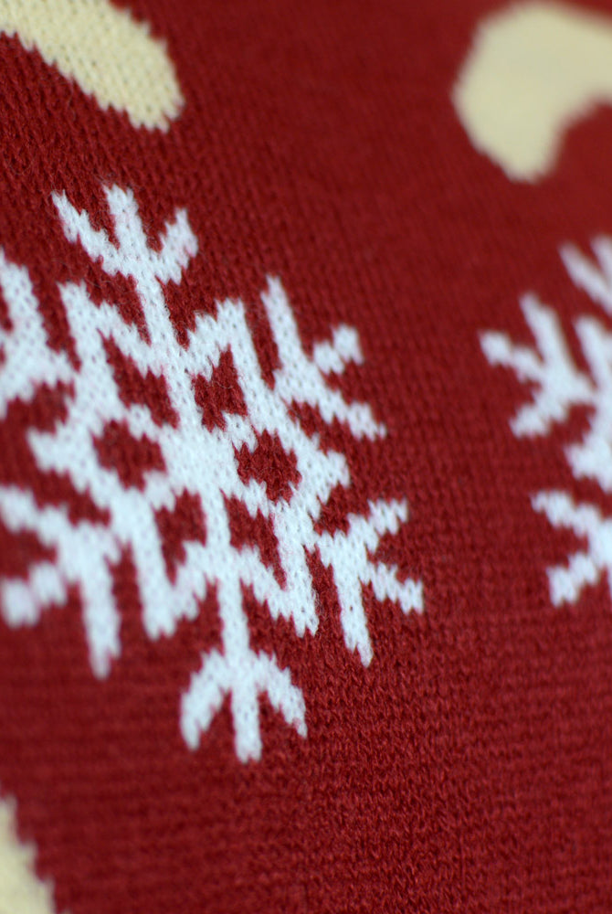 Red Couple's Ugly Christmas Sweater with Rudolph the Reindeer detail Red Couple's Ugly Christmas Sweater with Rudolph the Reindeer