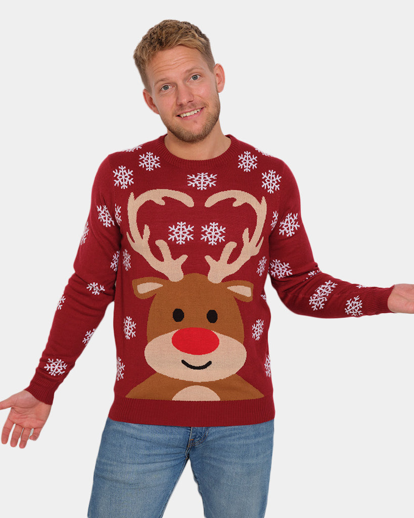 Red Couple's Ugly Christmas Sweater with Rudolph the Reindeer Mens