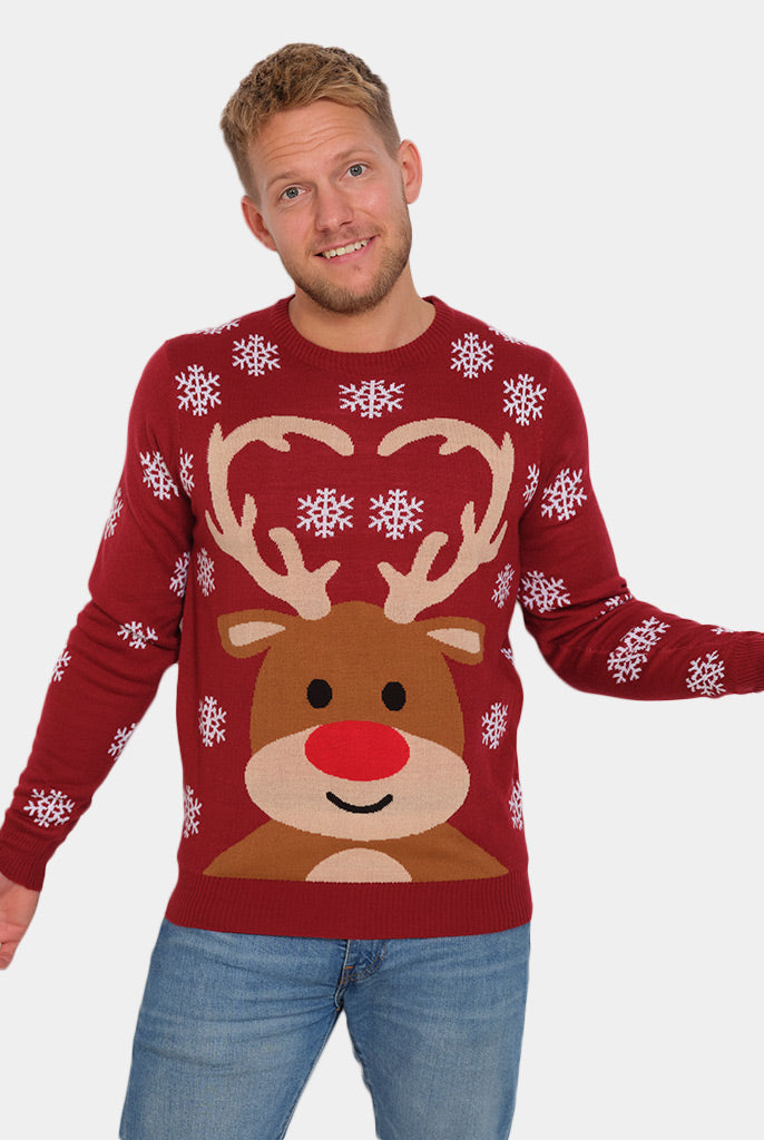 Red Couple's Ugly Christmas Sweater with Rudolph the Reindeer Mens