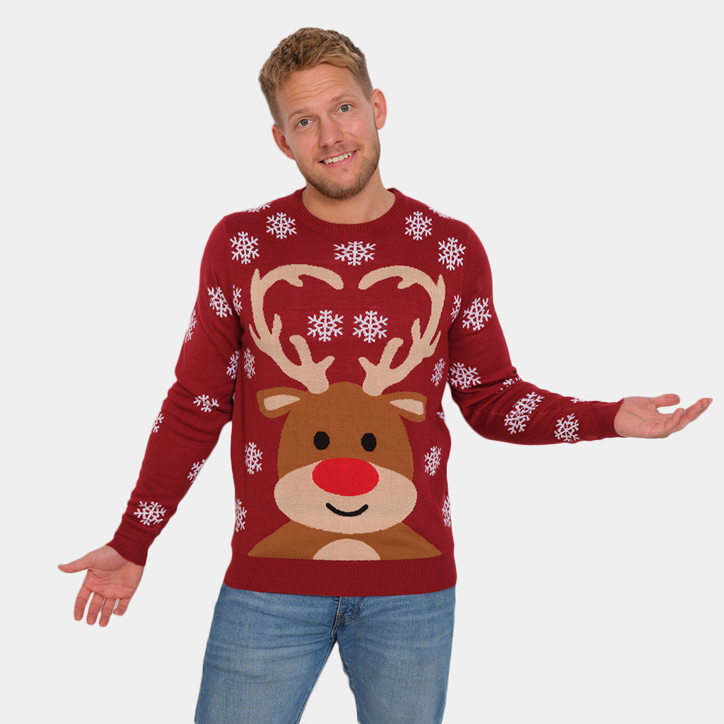 Red Couple's Ugly Christmas Sweater with Rudolph the Reindeer Mens