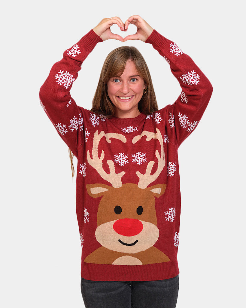 Womens Red Couple's Ugly Christmas Sweater with Rudolph the Reindeer