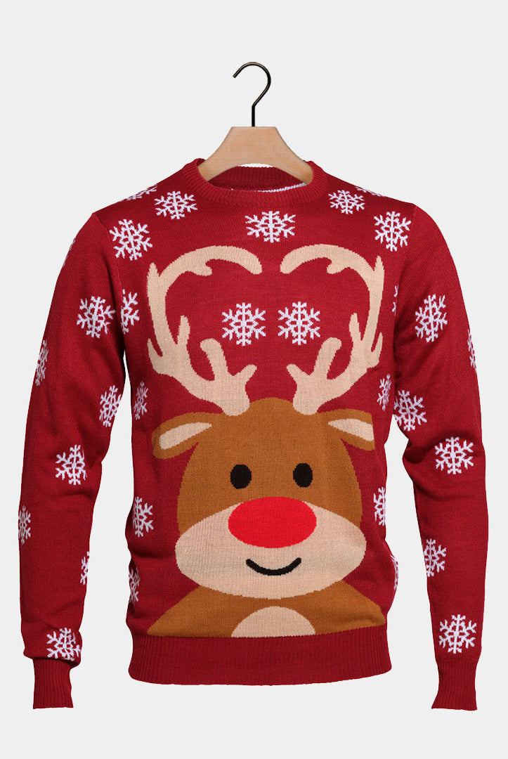 Red Couple's Ugly Christmas Sweater with Rudolph the Reindeer