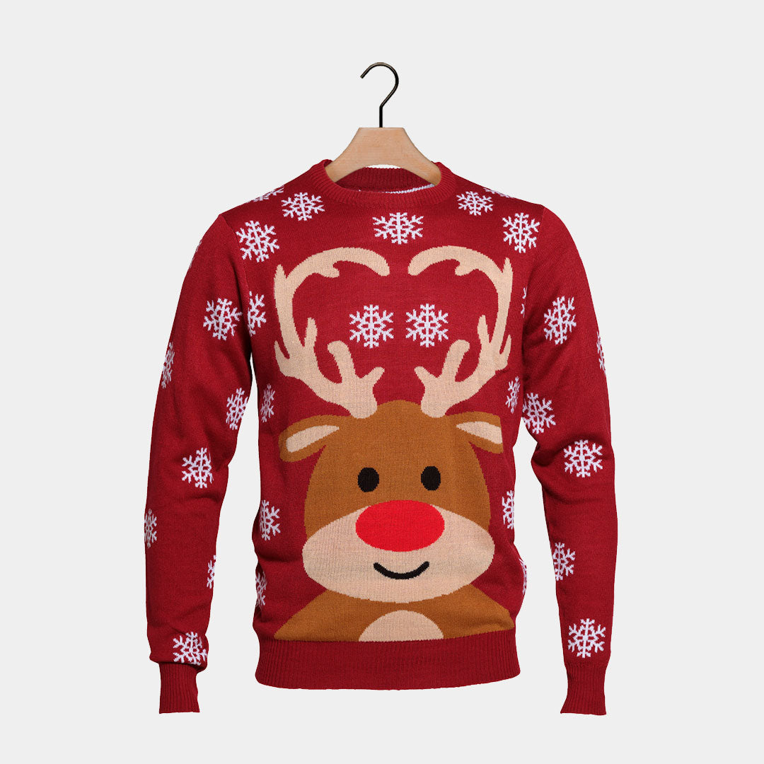 Red Couple's Ugly Christmas Sweater with Rudolph the Reindeer