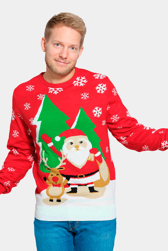 Red Couple's Ugly Christmas Sweater with Santa and Reindeer Greeting mens