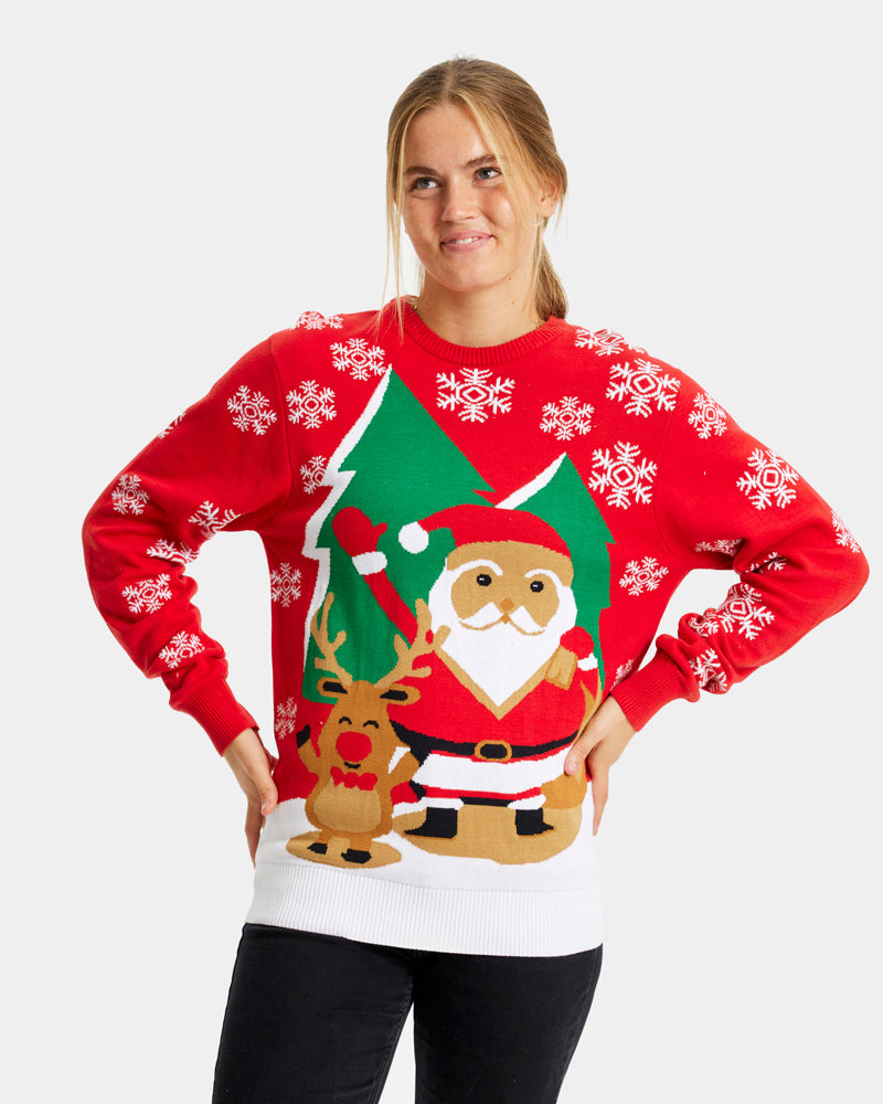 Womens Red Couple's Ugly Christmas Sweater with Santa and Reindeer Greeting