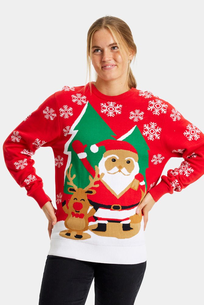 Womens Red Couple's Ugly Christmas Sweater with Santa and Reindeer Greeting