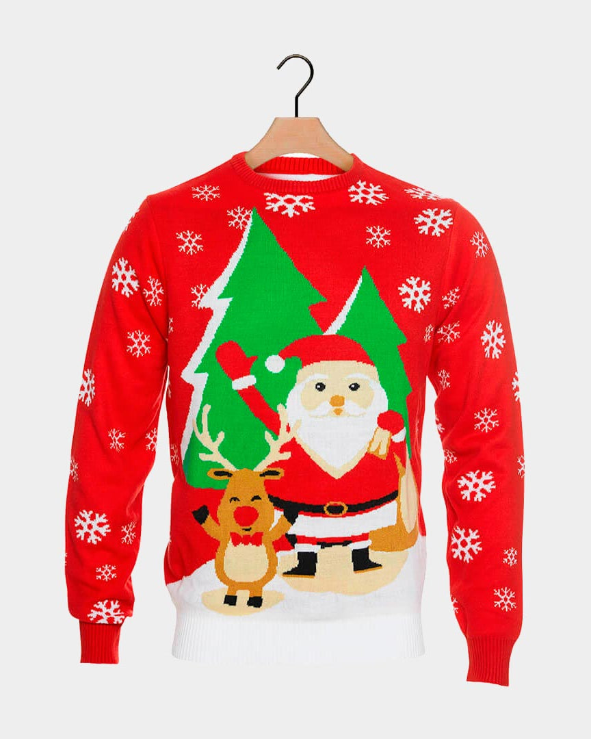 Red Couple's Ugly Christmas Sweater with Santa and Reindeer Greeting