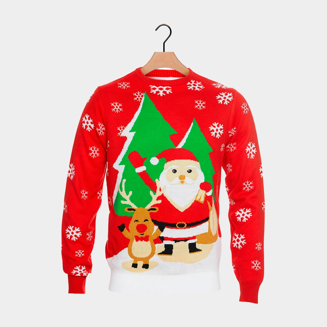 Red Couple's Ugly Christmas Sweater with Santa and Reindeer Greeting