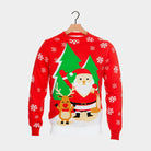 Red Couple's Ugly Christmas Sweater with Santa and Reindeer Greeting