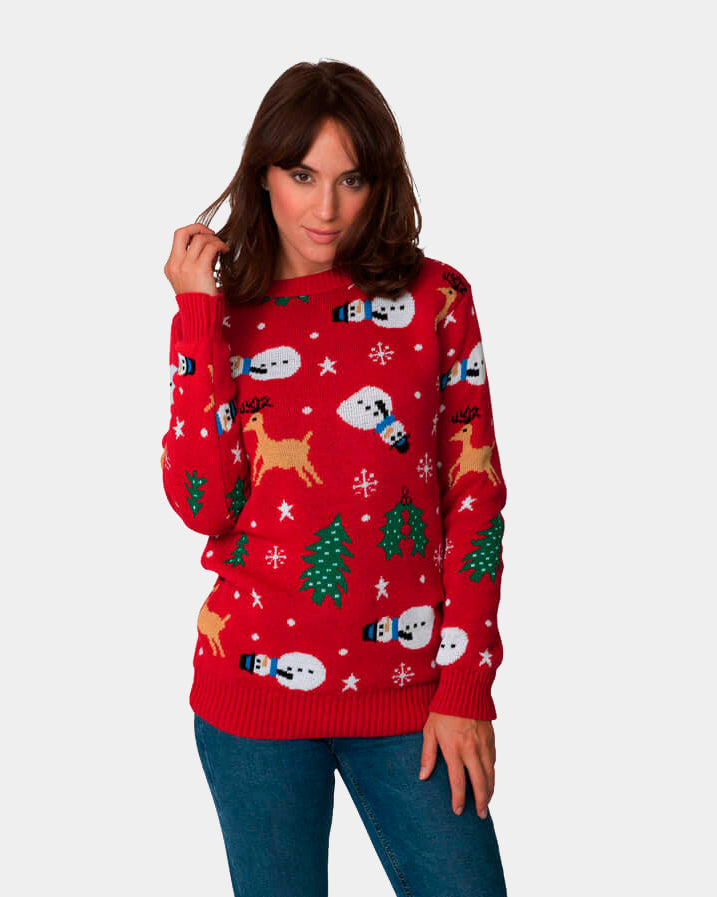Womens Red Couple's Ugly Christmas Sweater with Santa, Trees and Snowmens