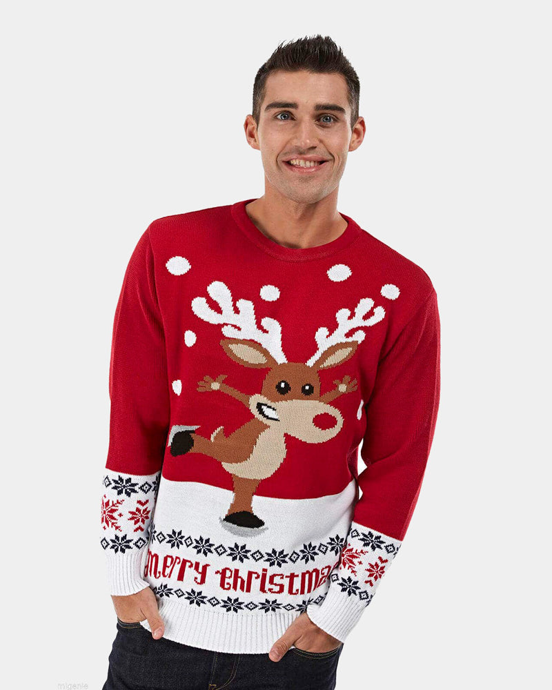 Red Couple's Ugly Christmas Sweater with Skating Reindeer Mens