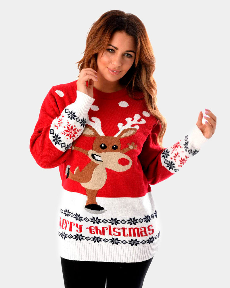 womens Red Couple's Ugly Christmas Sweater with Skating Reindeer