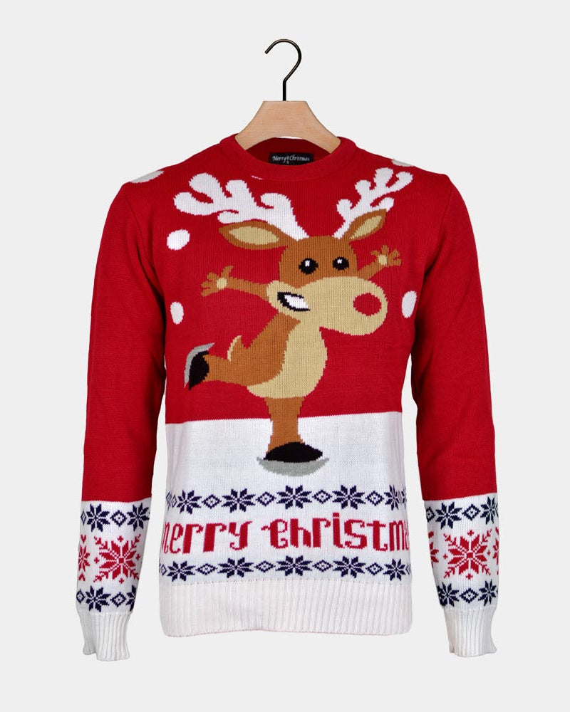 Red Couple's Ugly Christmas Sweater with Skating Reindeer