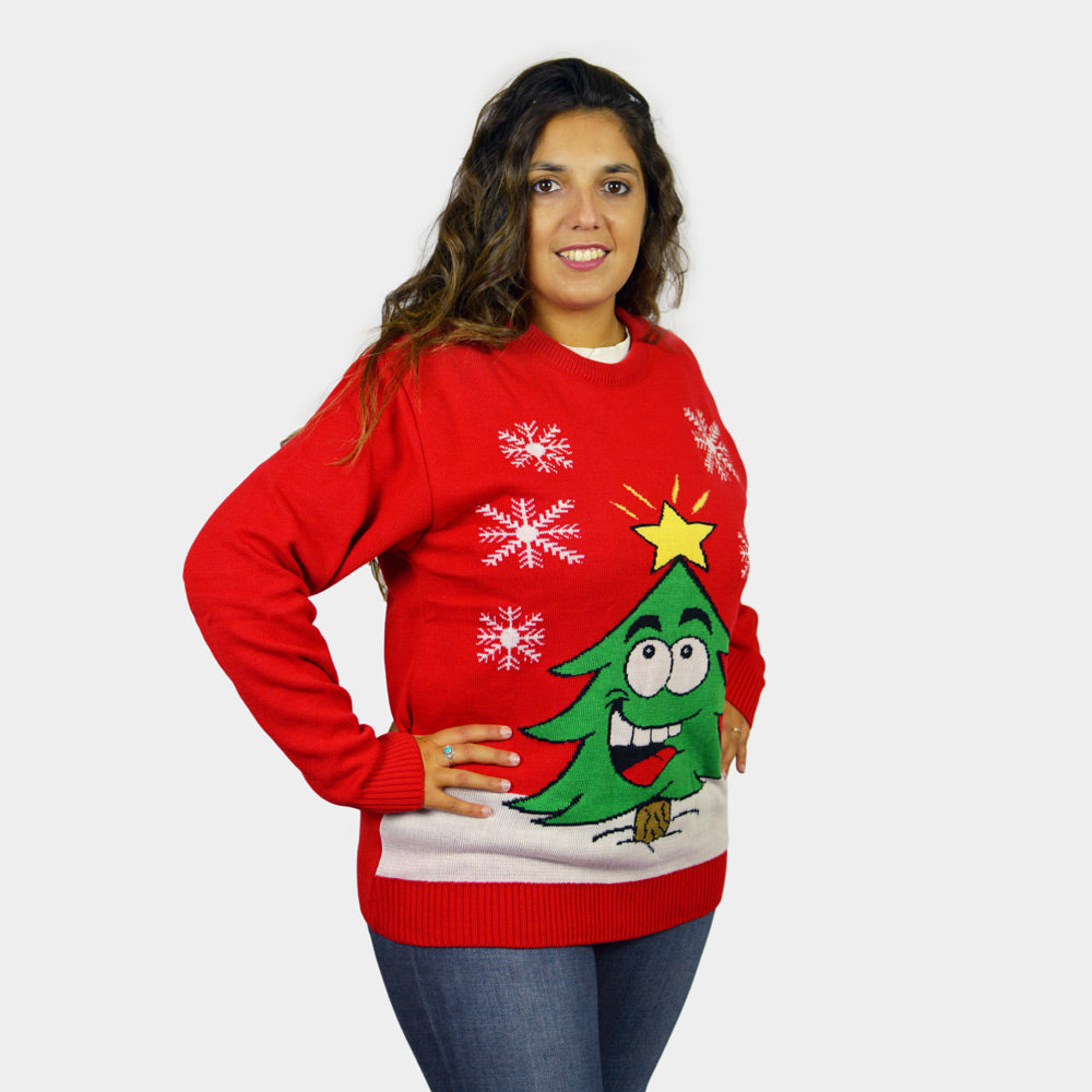 Red Couple's Ugly Christmas Sweater with Smiling Christmas Tree womens