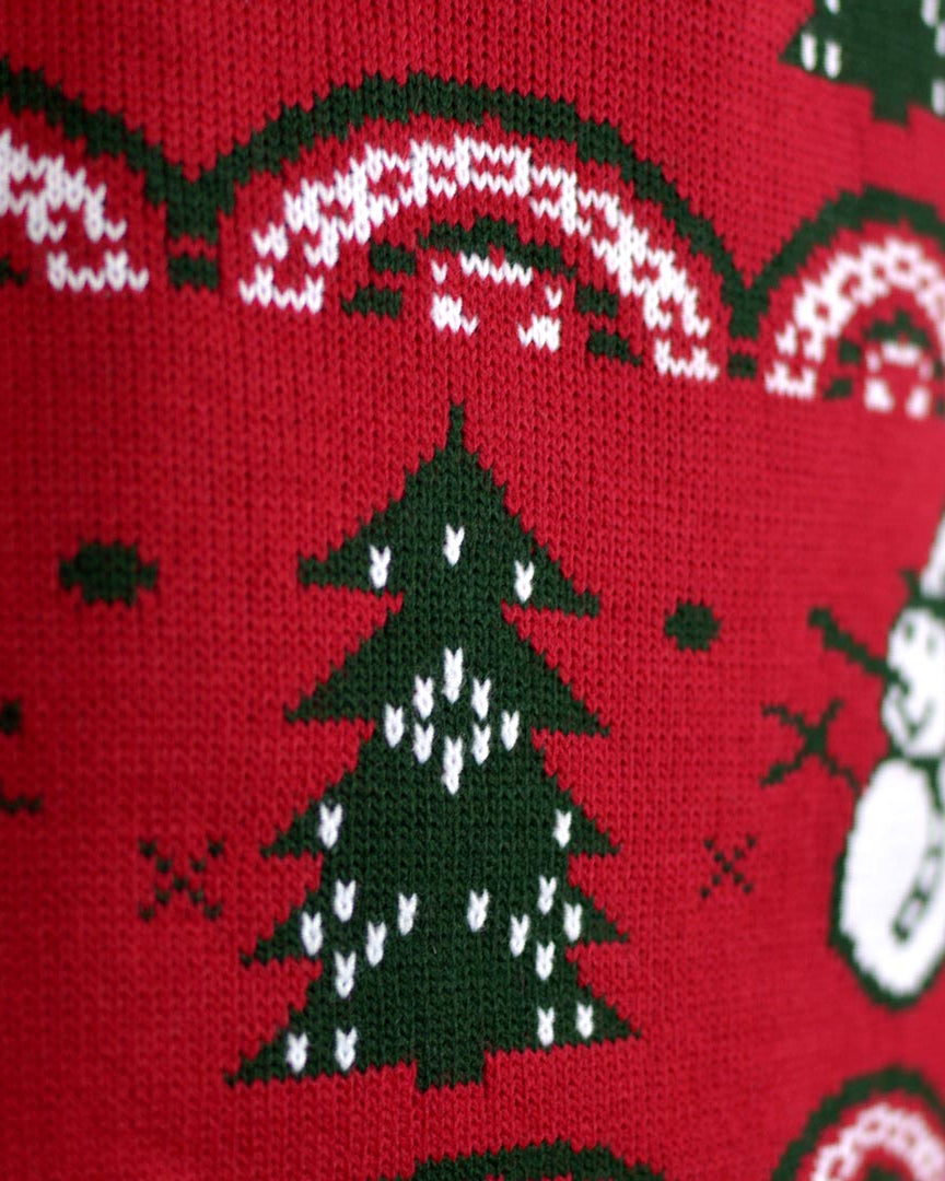 Red Couple's Ugly Christmas Sweater with Trees and Snowmens detail