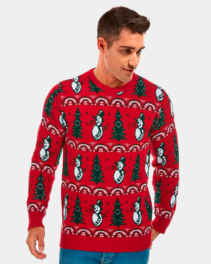 Mens Red Couple's Ugly Christmas Sweater with Trees and Snowmens