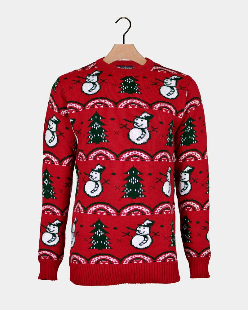 Red Couple's Ugly Christmas Sweater with Trees and Snowmens