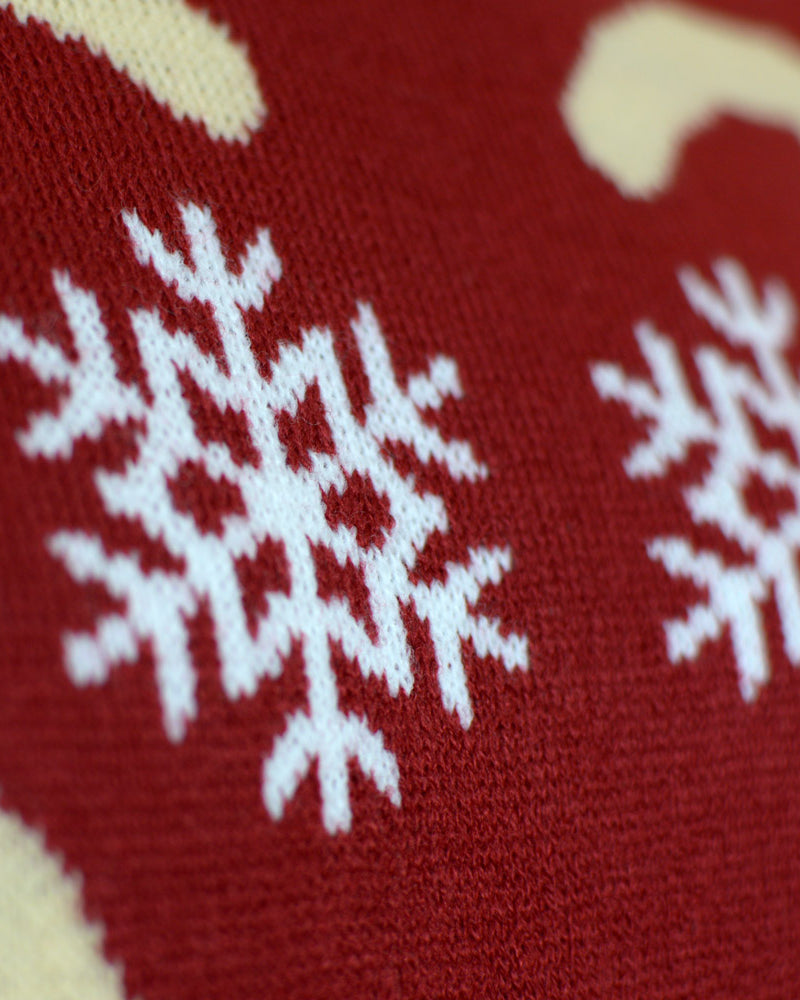 Red Couple's Ugly Christmas Sweater with Rudolph the Reindeer detail