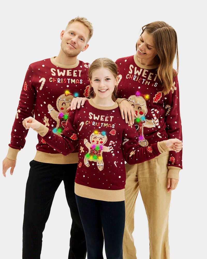 Red LED light-up Family Ugly Christmas Sweater with Ginger Cookie