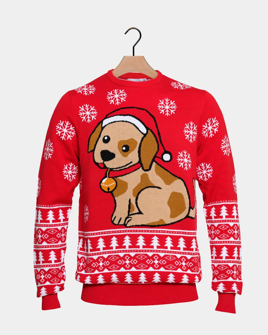 Red Family Ugly Christmas Sweater with Puppy
