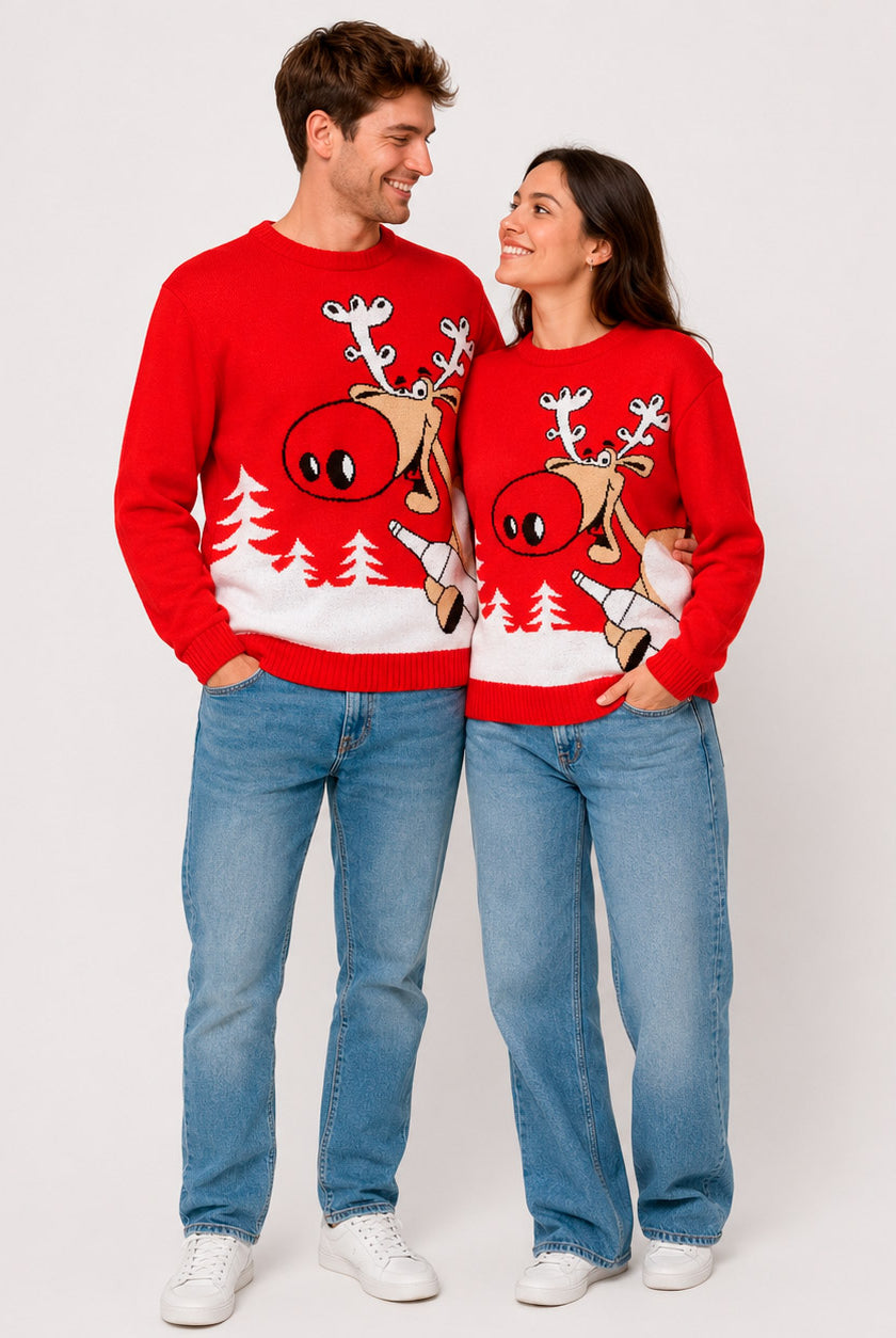 Red Family Ugly Christmas Sweater Reindeer with a Beer Couple