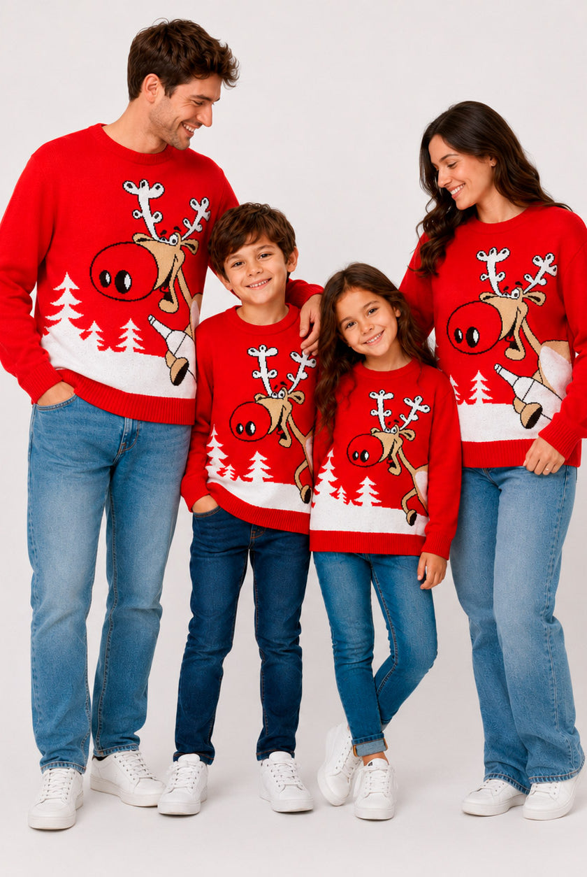 Red Family Ugly Christmas Sweater Reindeer with a Beer
