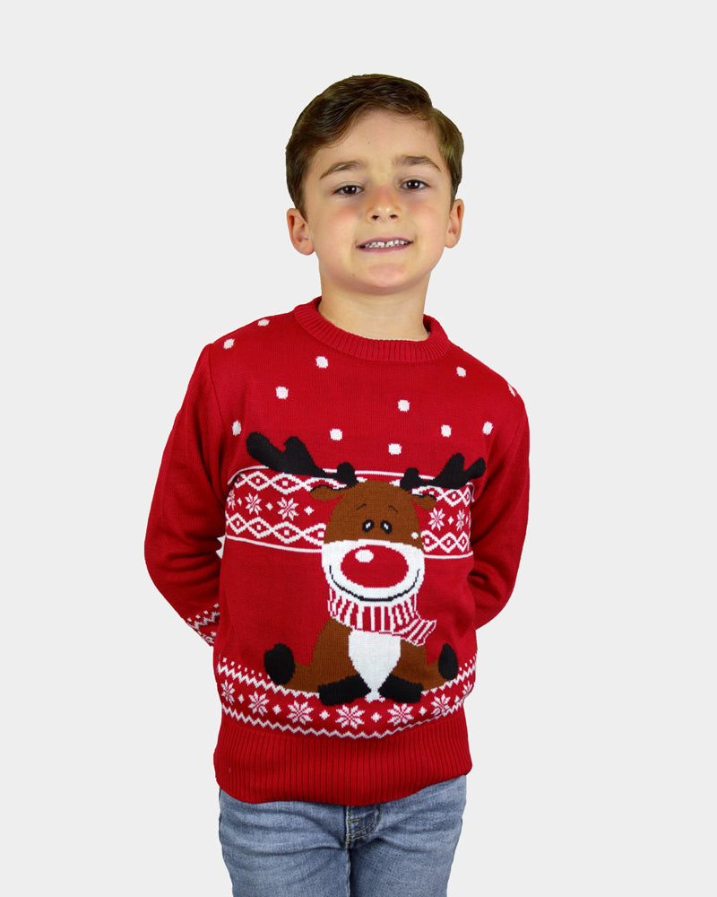 Red Family Ugly Christmas Sweater with Rudolph the Happy Reindeer boys