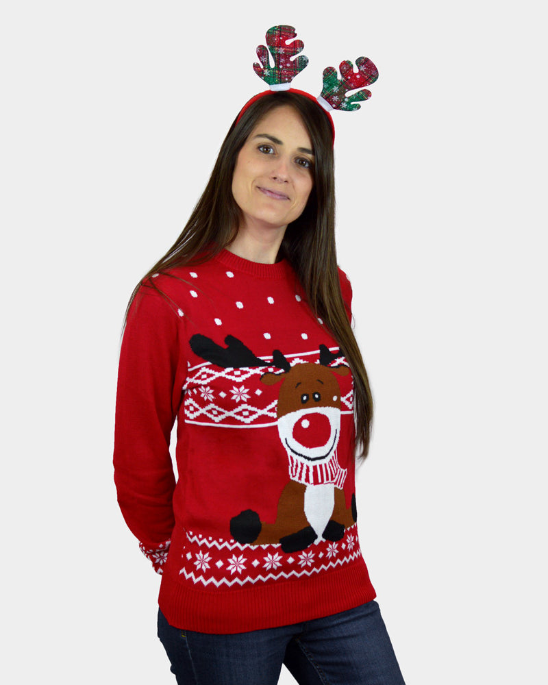 Red Family Ugly Christmas Sweater with Rudolph the Happy Reindeer womens