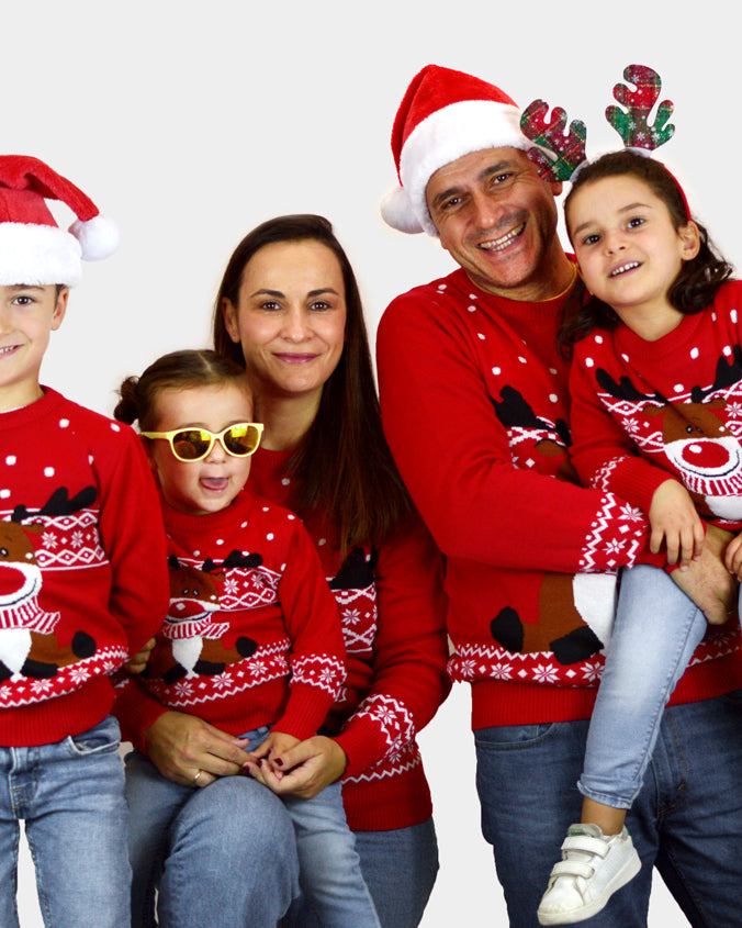 Red Family Ugly Christmas Sweater with Rudolph the Happy Reindeer