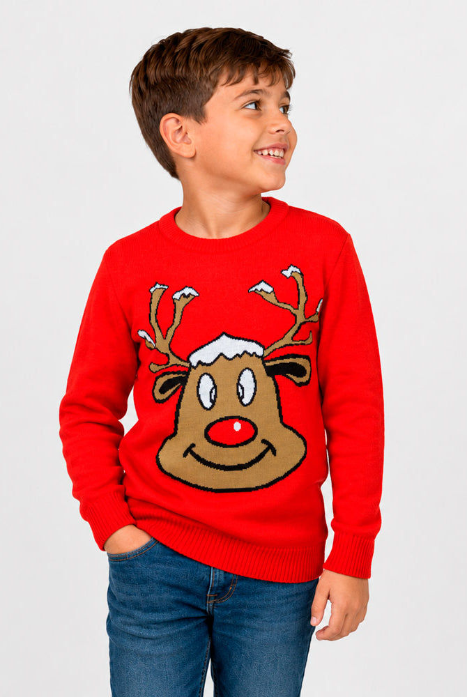 Red Family Ugly Christmas Sweater with Smiling Reindeer Boy
