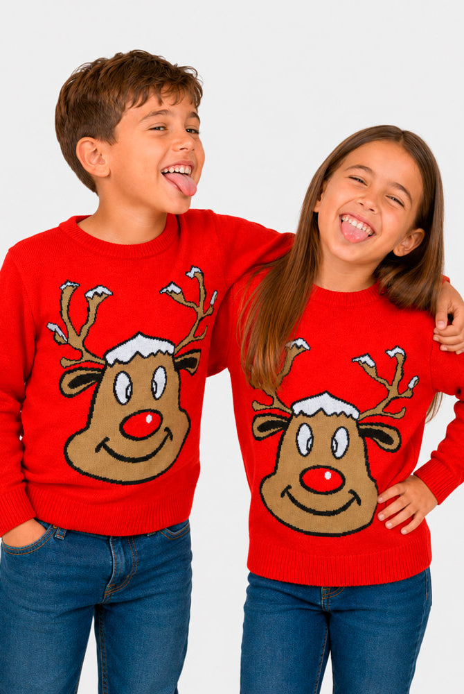 Red Family Ugly Christmas Sweater with Smiling Reindeer children