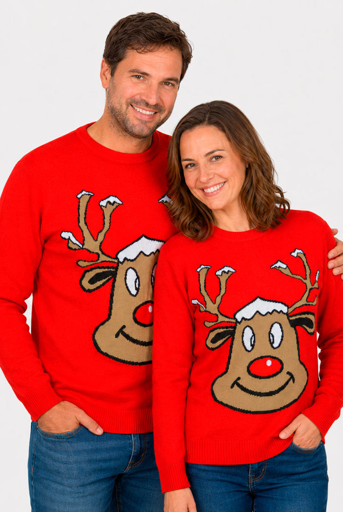 Red Family Ugly Christmas Sweater with Smiling Reindeer Couple