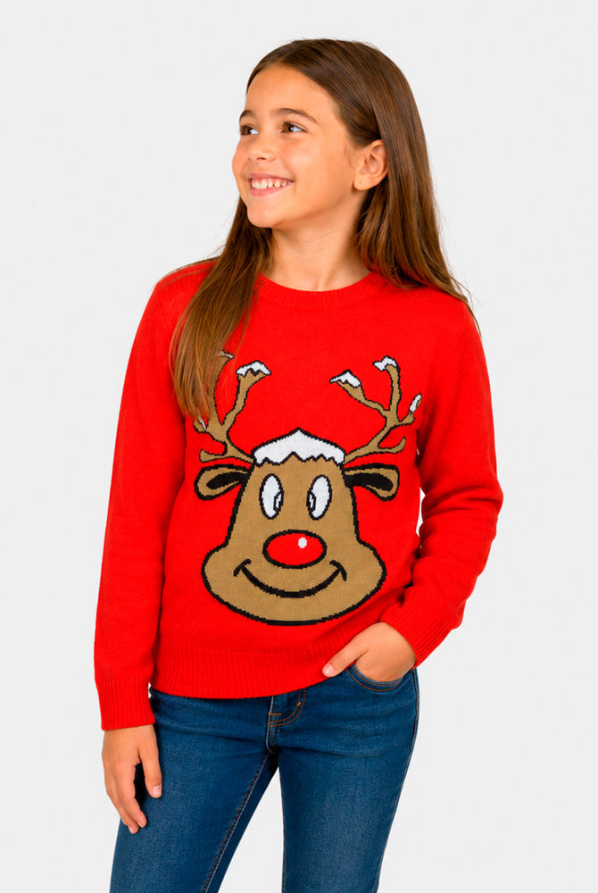 Red Family Ugly Christmas Sweater with Smiling Reindeer Girl
