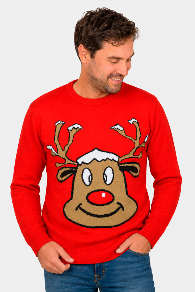 Red Family Ugly Christmas Sweater with Smiling Reindeer Men