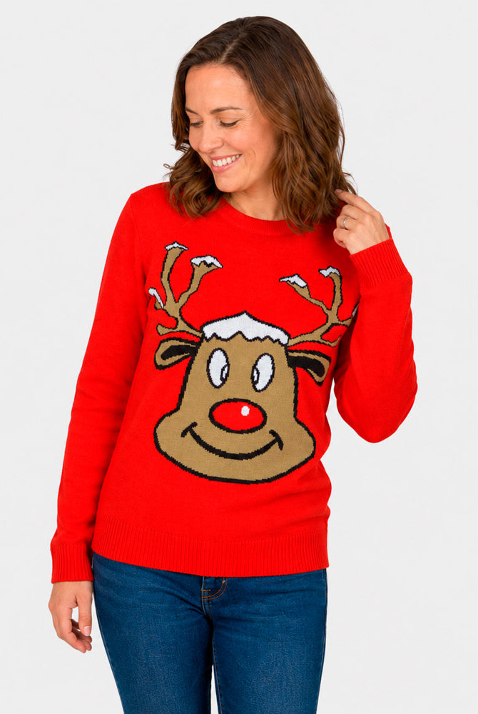 Red Family Ugly Christmas Sweater with Smiling Reindeer Women