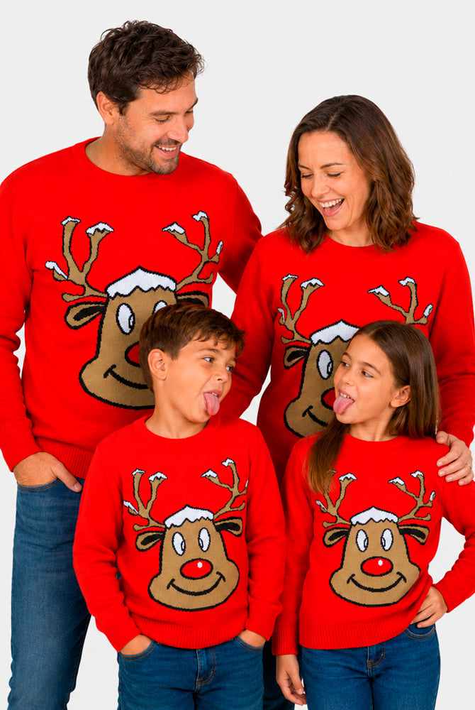 Red Family Ugly Christmas Sweater with Smiling Reindeer