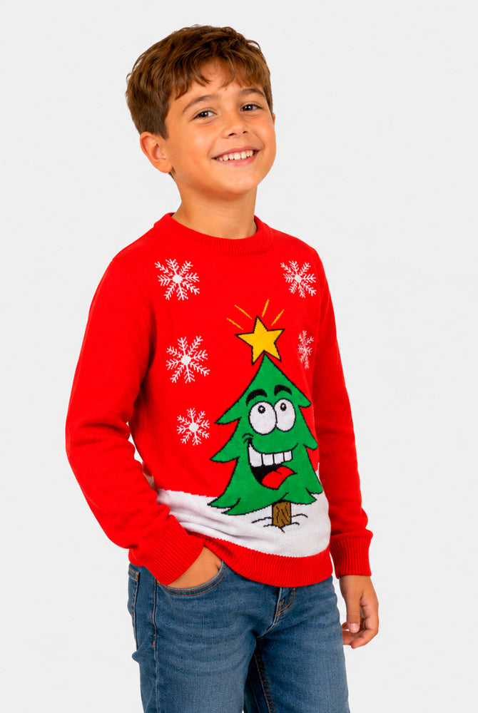 Red Family Ugly Christmas Sweater with Smiling Tree boy