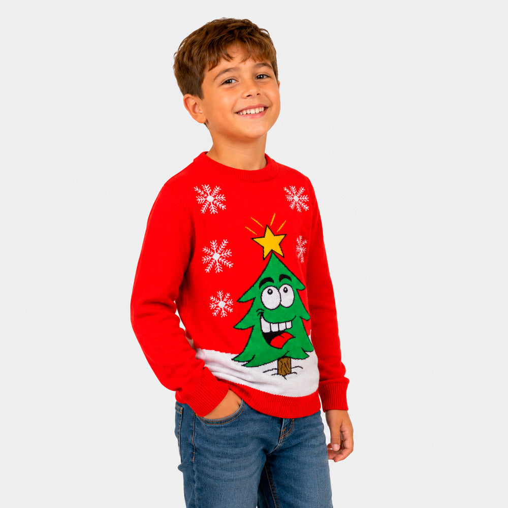 Red Family Ugly Christmas Sweater with Smiling Tree boy