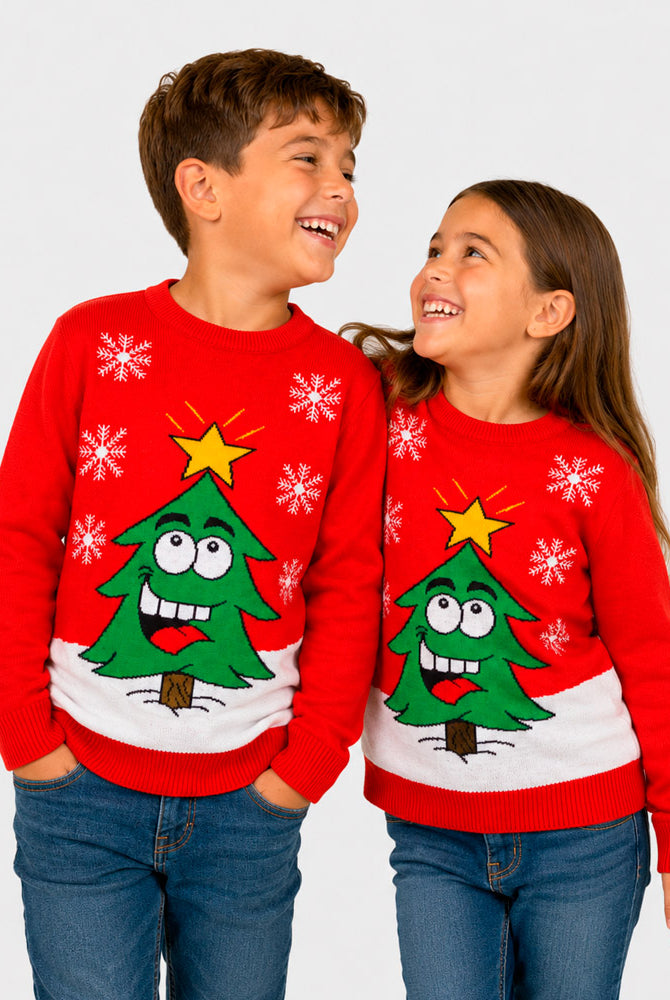 Red Family Ugly Christmas Sweater with Smiling Tree Children