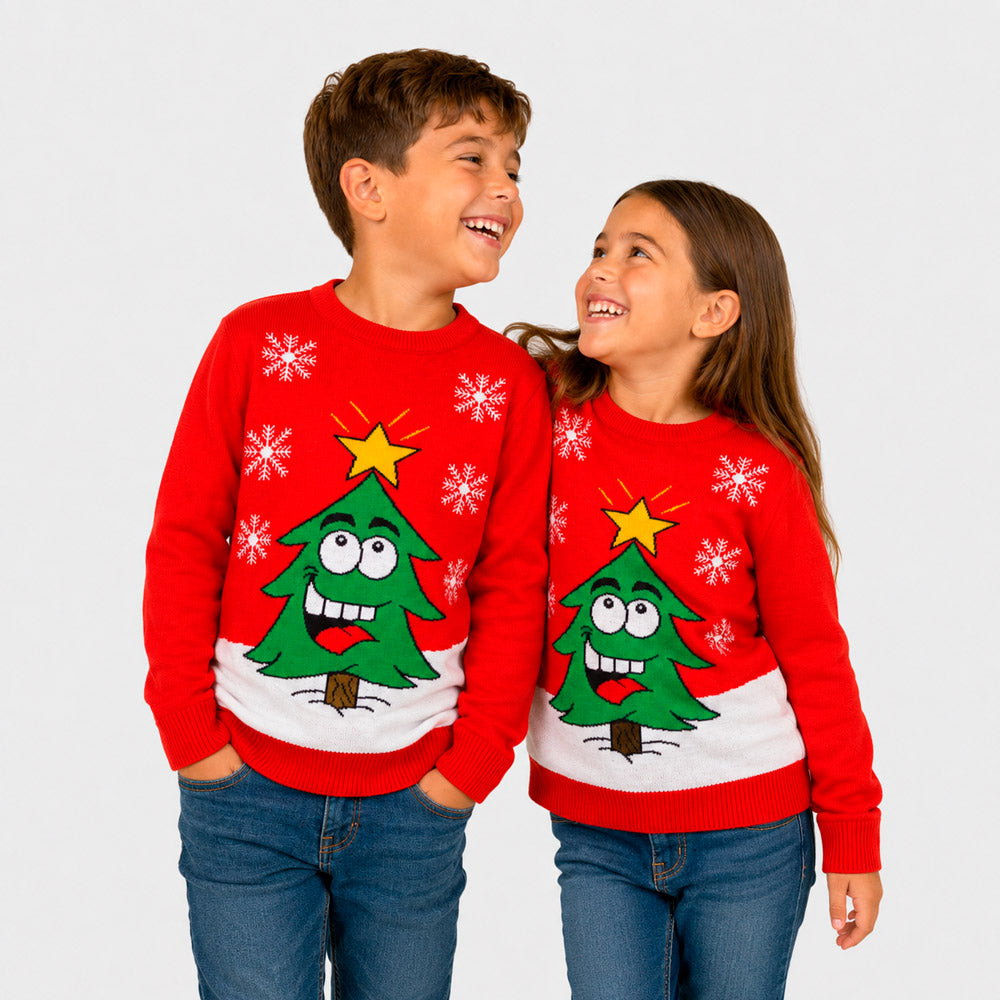 Red Family Ugly Christmas Sweater with Smiling Tree Children