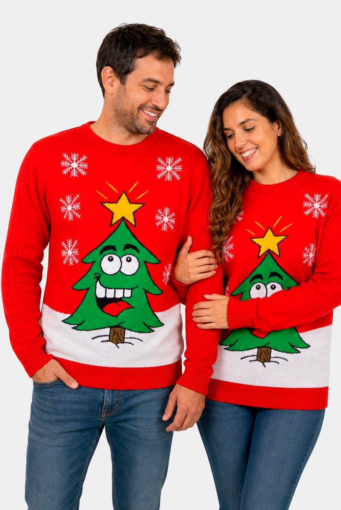 Red Family Ugly Christmas Sweater with Smiling Tree Couple