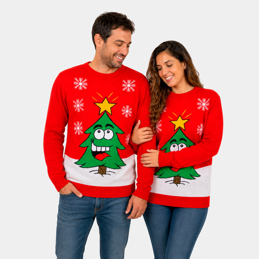 Red Family Ugly Christmas Sweater with Smiling Tree Couple